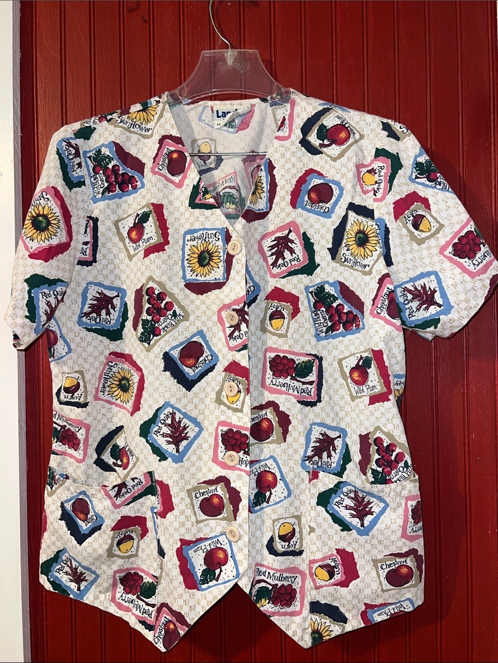Vintage Landau Women's Button Down Scrub Top - White with Multicolor Patch Print